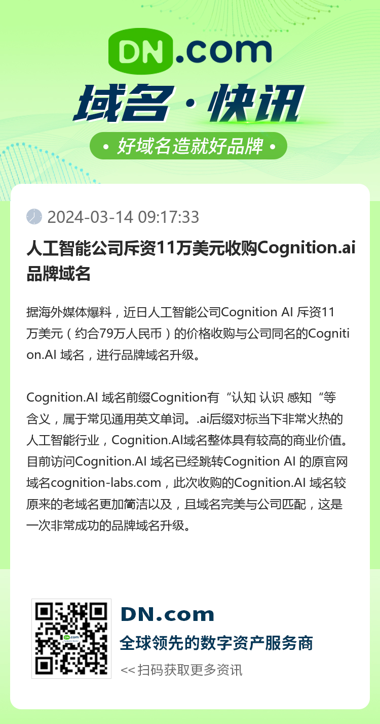人工智能公司斥資11萬美元收購Cognition.ai品牌域名