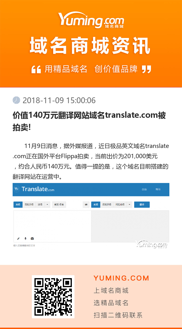 價(jià)值140萬(wàn)元翻譯網(wǎng)站域名translate.com被拍賣!