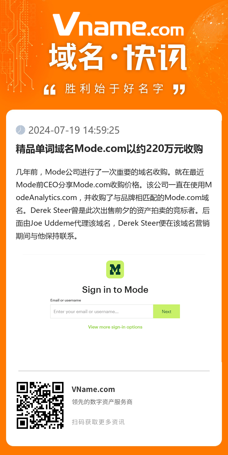 精品單詞域名Mode.com以約220萬元收購