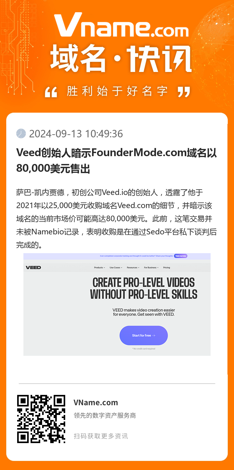 Veed創始人暗示FounderMode.com域名以80,000美元售出