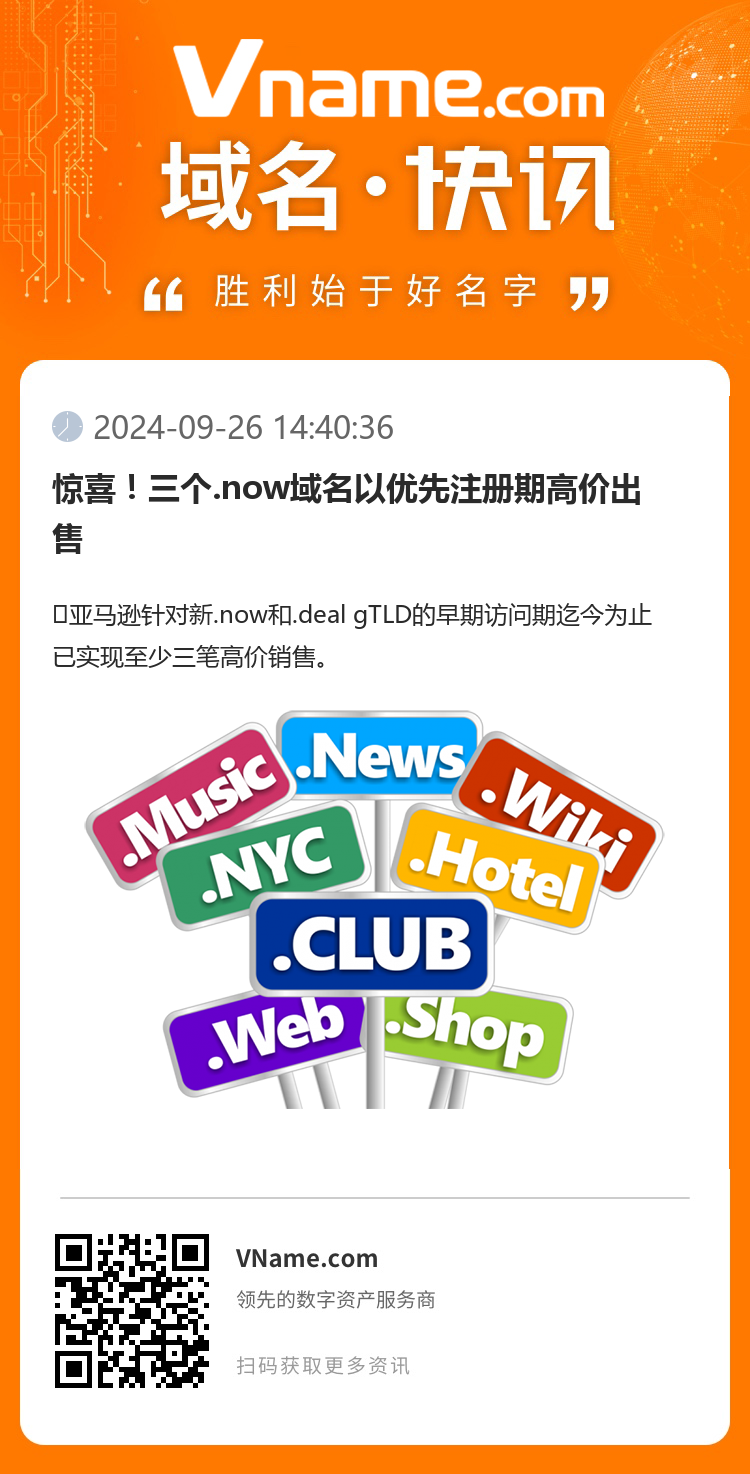 驚喜！三個.now域名以優先注冊期高價出售