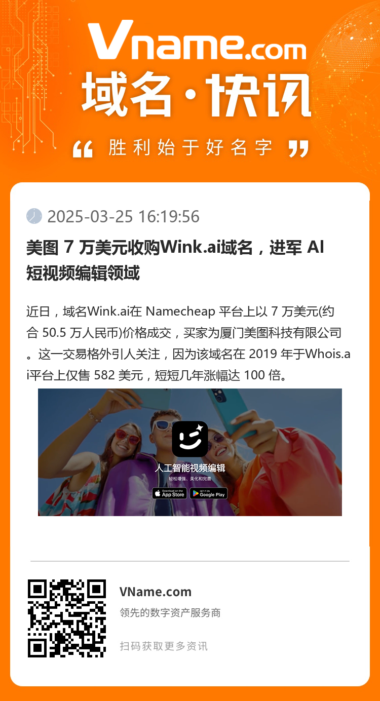 美圖 7 萬美元收購Wink.ai域名，進軍 AI 短視頻編輯領域