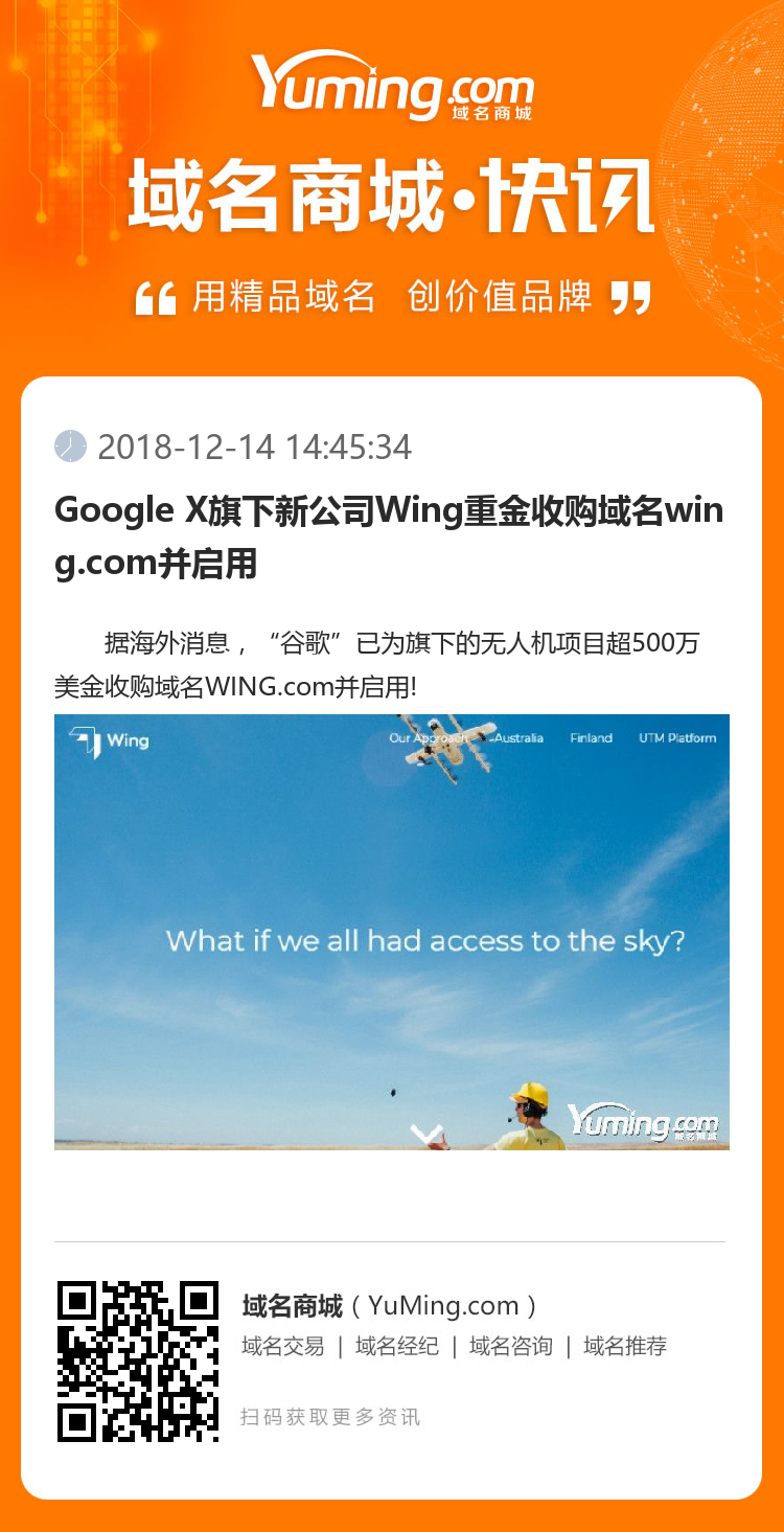 Google X旗下新公司Wing重金收購域名wing.com并啟用