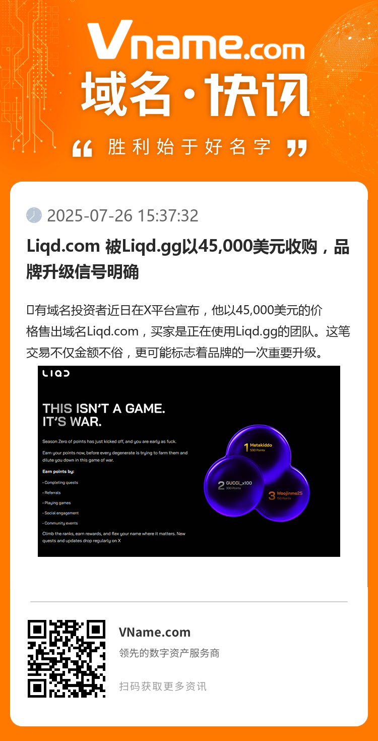 Liqd.com 被Liqd.gg以45,000美元收購，品牌升級信號明確