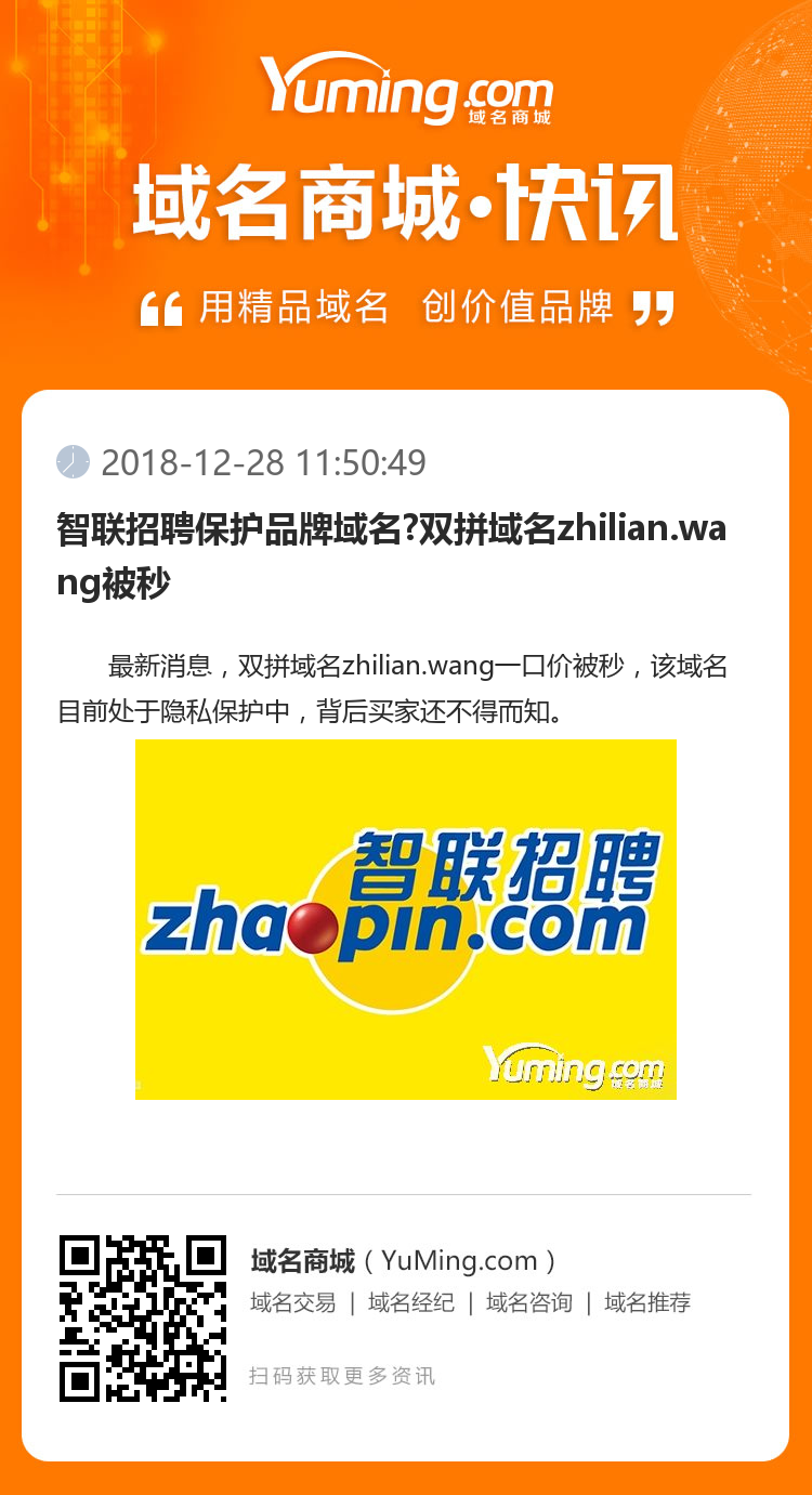 智聯(lián)招聘保護(hù)品牌域名?雙拼域名zhilian.wang被秒