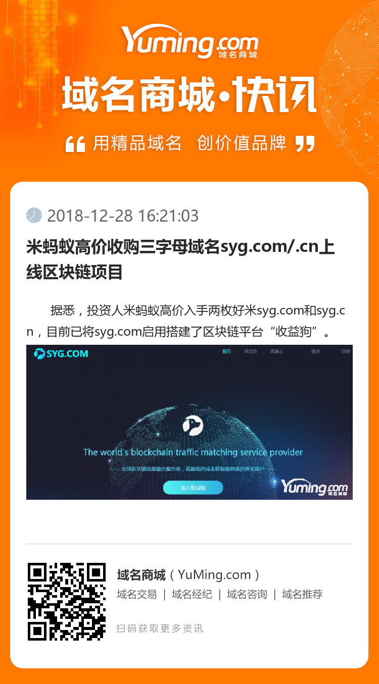 米螞蟻高價收購三字母域名syg.com/.cn上線區塊鏈項目