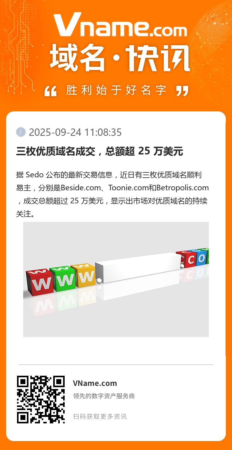 三枚優(yōu)質域名成交，總額超 25 萬美元