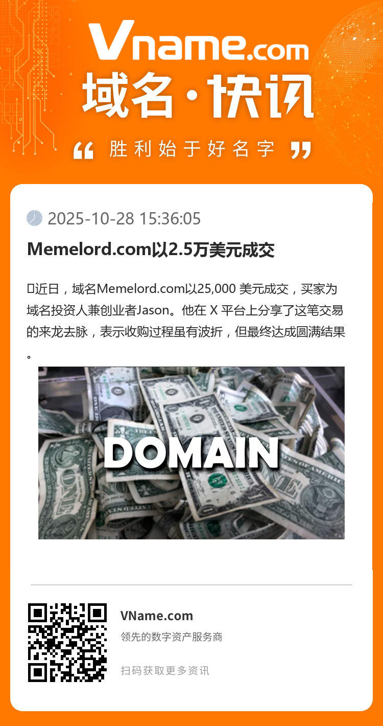 Memelord.com以2.5萬美元成交
