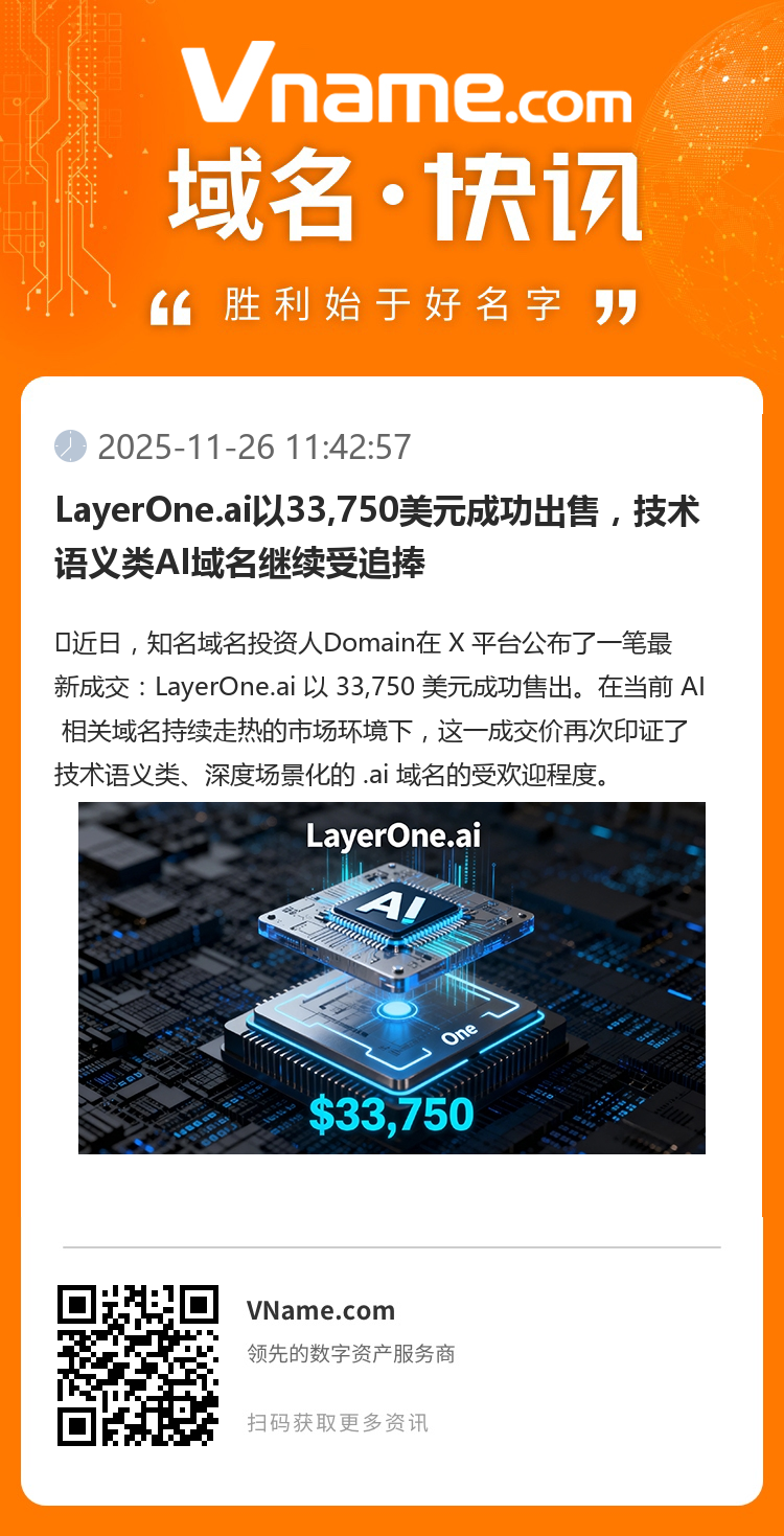 LayerOne.ai以33,750美元成功出售，技術語義類AI域名繼續(xù)受追捧