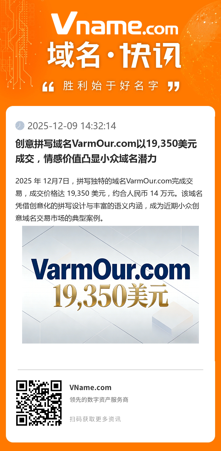 創(chuàng)意拼寫域名VarmOur.com以19,350美元成交，情感價值凸顯小眾域名潛力