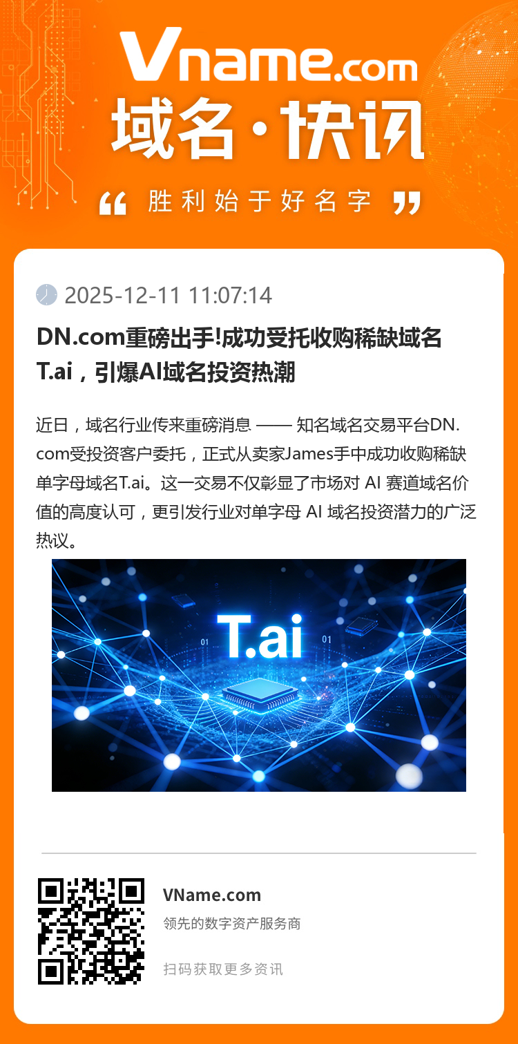 DN.com重磅出手!成功受托收購(gòu)稀缺域名T.ai，引爆AI域名投資熱潮