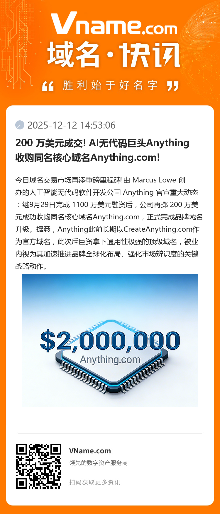 200 萬美元成交! AI無代碼巨頭Anything收購同名核心域名Anything.com!