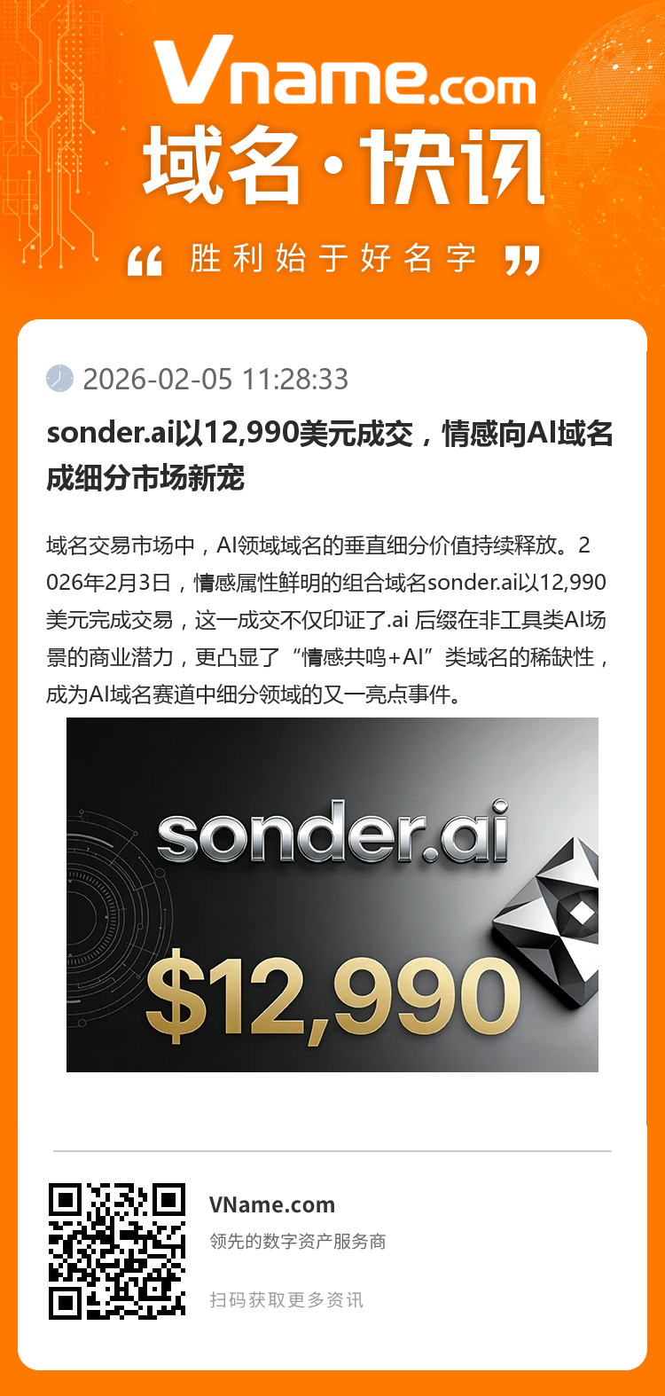 sonder.ai以12,990美元成交，情感向AI域名成細分市場新寵
