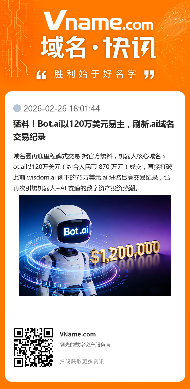 猛料！Bot.ai以120萬(wàn)美元易主，刷新.ai域名交易紀(jì)錄