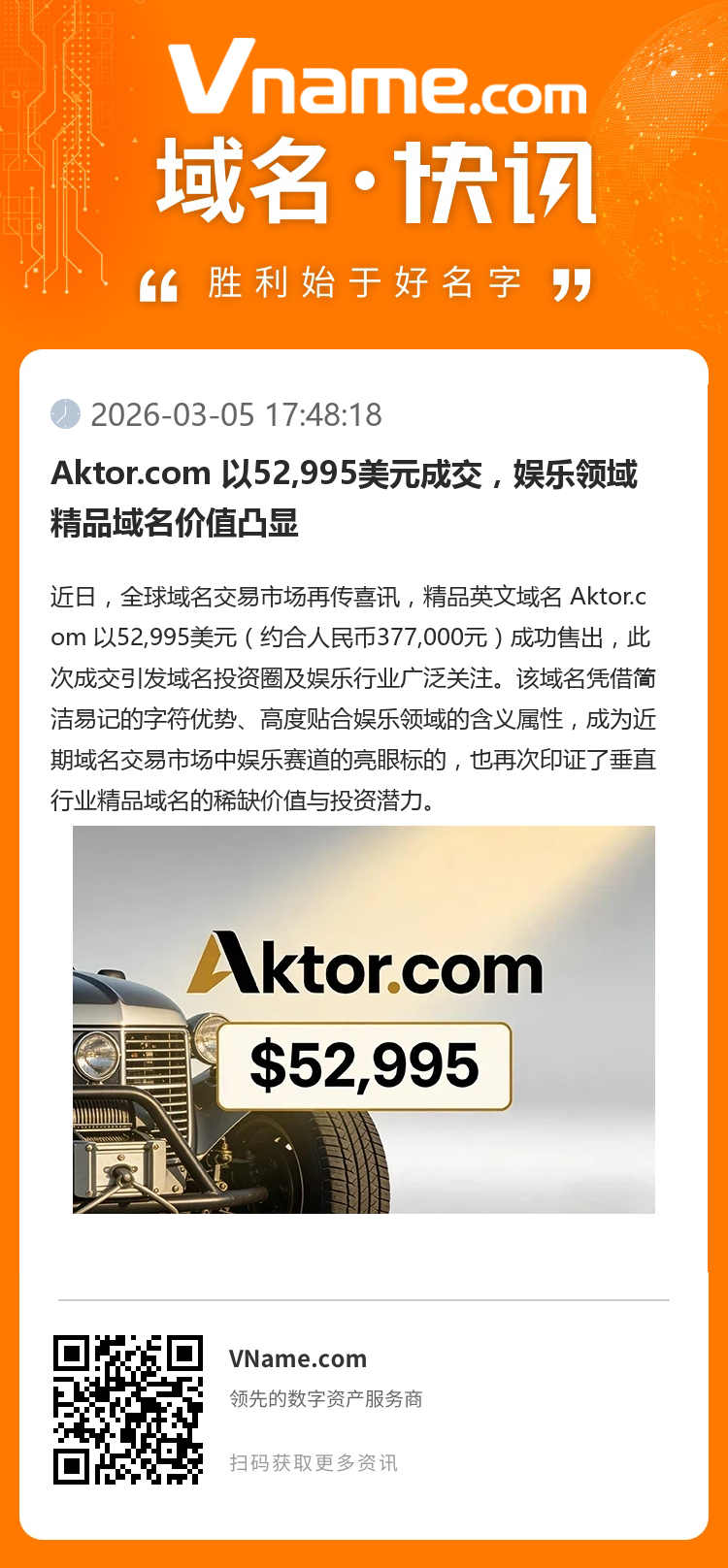 Aktor.com 以52,995美元成交，娛樂領域精品域名價值凸顯