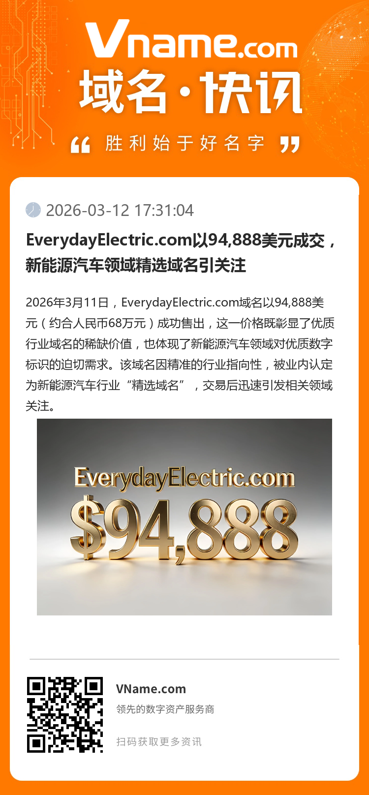 EverydayElectric.com以94,888美元成交，新能源汽車領(lǐng)域精選域名引關(guān)注