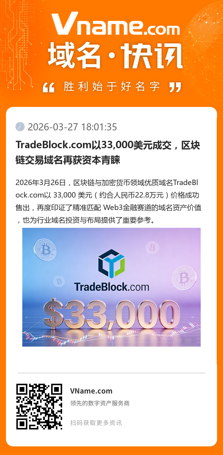 TradeBlock.com以33,000美元成交，區(qū)塊鏈交易域名再獲資本青睞