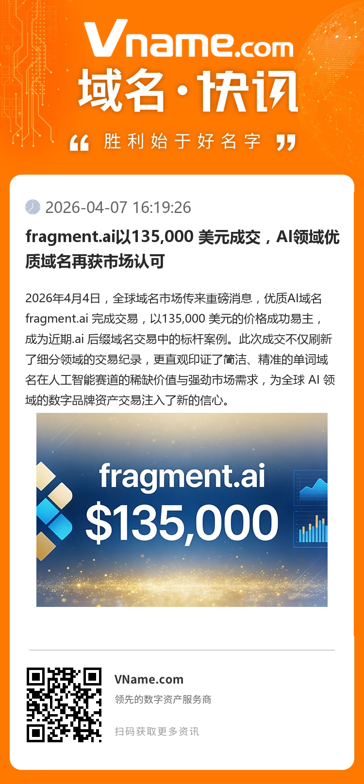 fragment.ai以135,000 美元成交，AI領(lǐng)域優(yōu)質(zhì)域名再獲市場(chǎng)認(rèn)可