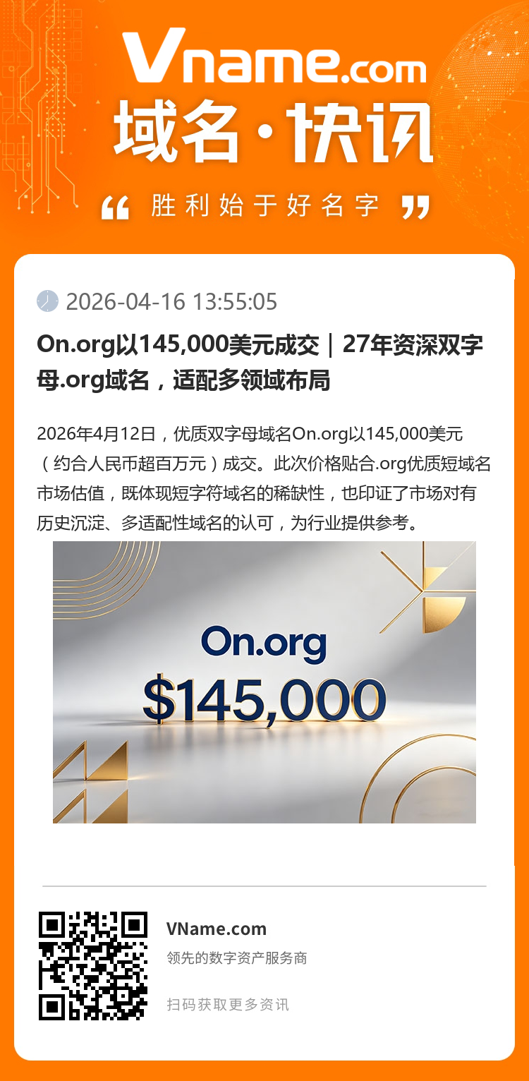 On.org以145,000美元成交｜27年資深雙字母.org域名，適配多領域布局