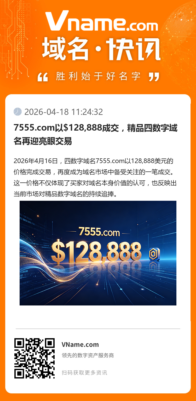 7555.com以$128,888成交，精品四數(shù)字域名再迎亮眼交易