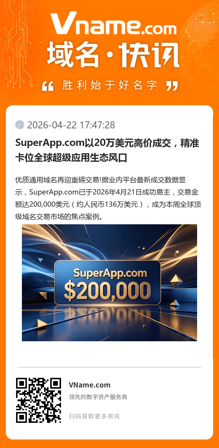 SuperApp.com以20萬美元高價成交，精準卡位全球超級應用生態風口