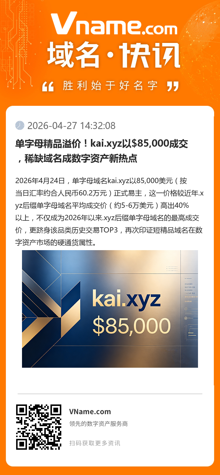 單字母精品溢價！kai.xyz以$85,000成交，稀缺域名成數(shù)字資產(chǎn)新熱點