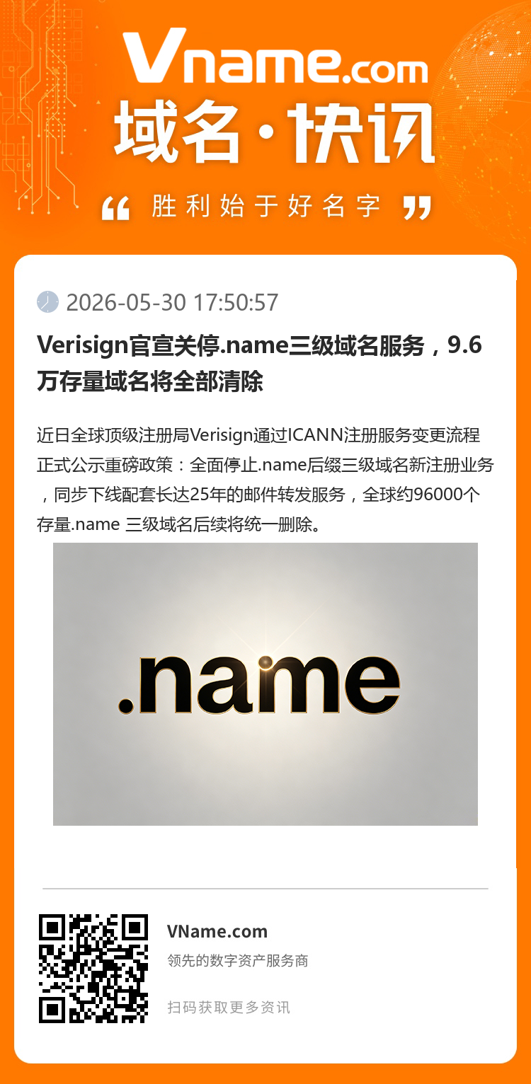 Verisign官宣關停.name三級域名服務，9.6萬存量域名將全部清除