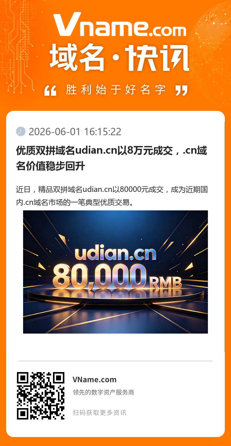 優質雙拼域名udian.cn以8萬元成交，.cn域名價值穩步回升
