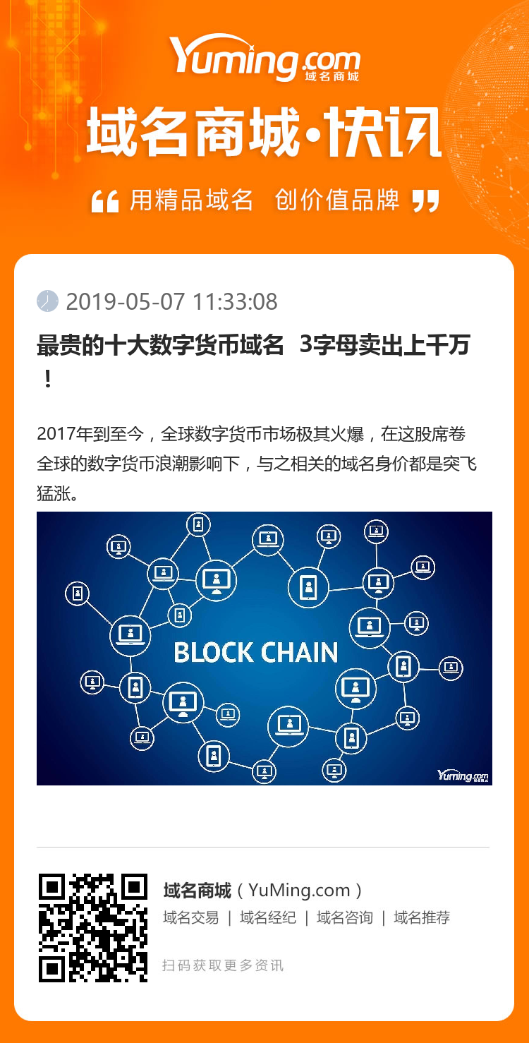 最貴的十大數字貨幣域名  3字母賣出上千萬！