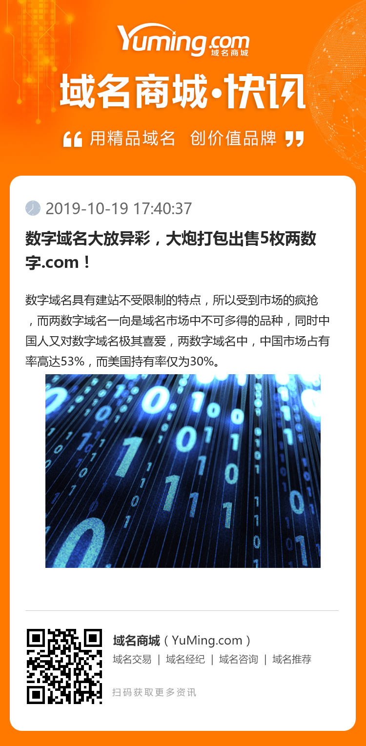 數字域名大放異彩，大炮打包出售5枚兩數字.com！