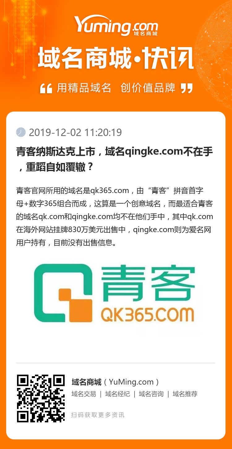 青客納斯達克上市，域名qingke.com不在手，重蹈自如覆轍？