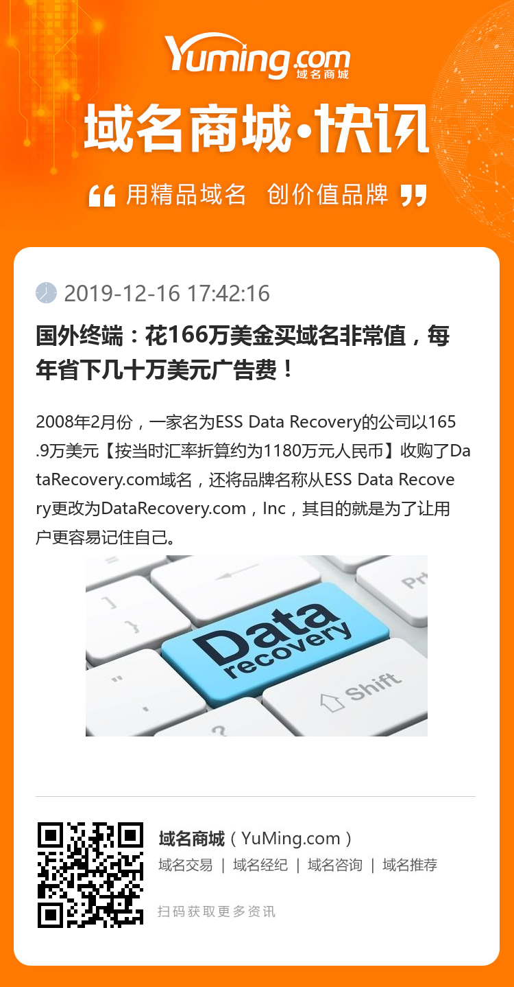 國外終端：花166萬美金買域名非常值，每年省下幾十萬美元廣告費！