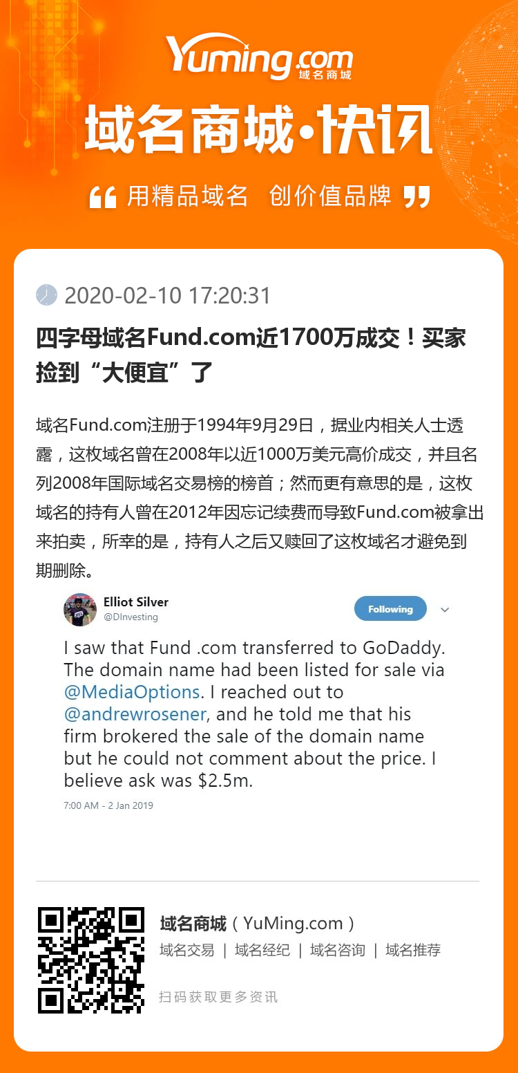 四字母域名Fund.com近1700萬成交！買家撿到“大便宜”了
