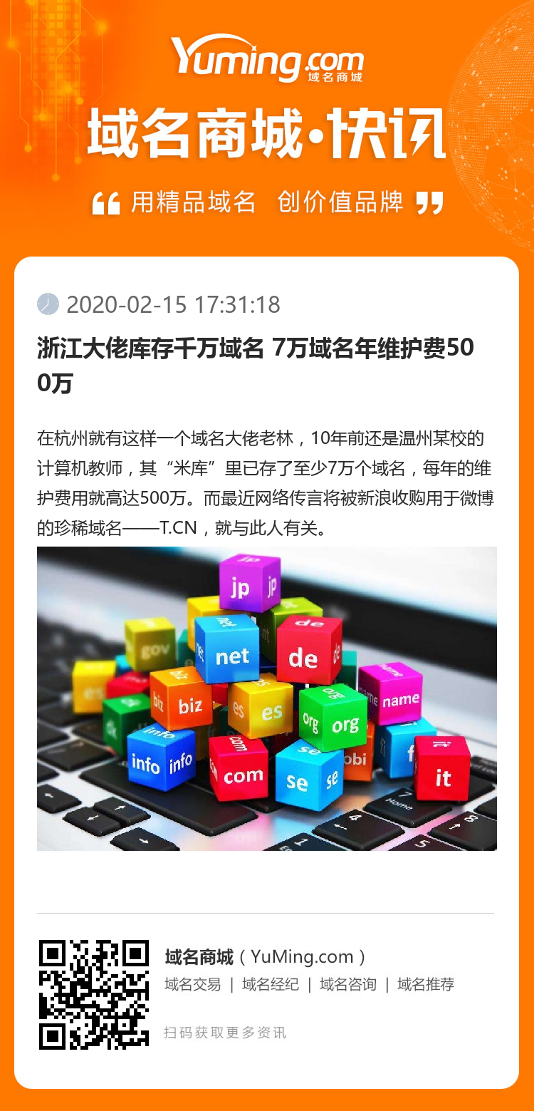 浙江大佬庫存千萬域名 7萬域名年維護費500萬
